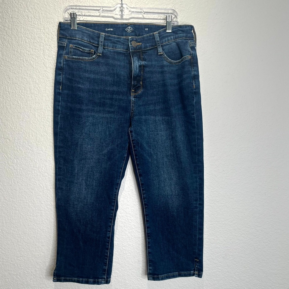 St John's Bay Capri Jeans Womens 10 Blue Denim Dark Wash Cotton Stretch Slit Hem
